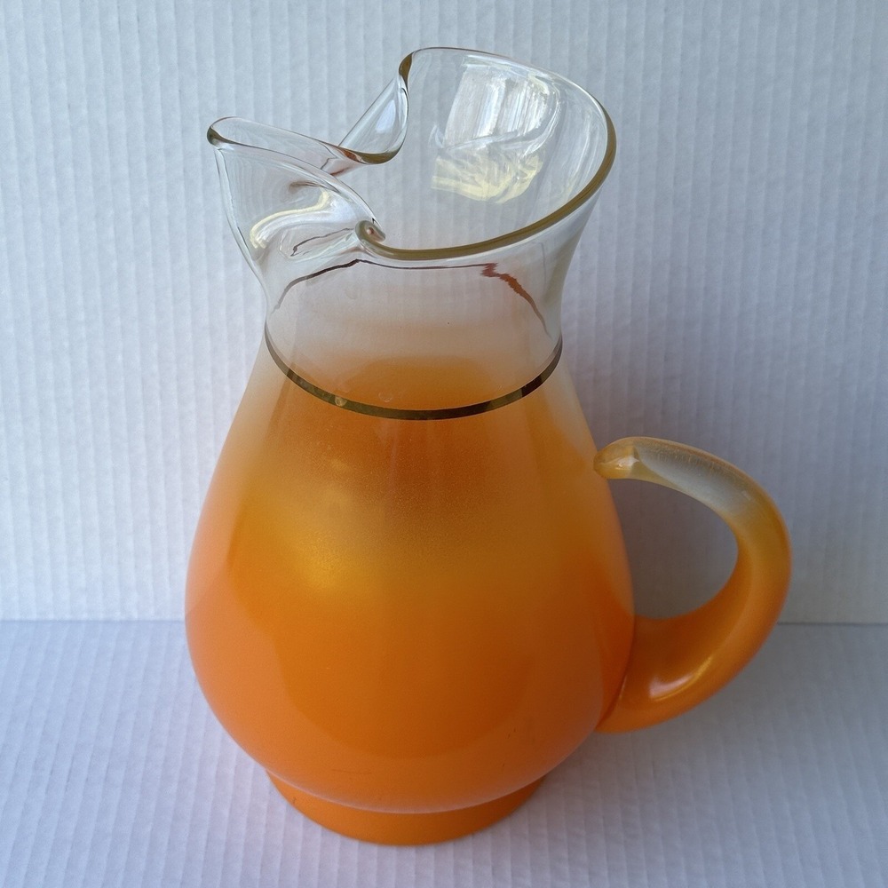 Vintage 1950s BLENDO Pitcher 11 Inch‎ Orange Frosted Glass Gold Trim Ice Lip